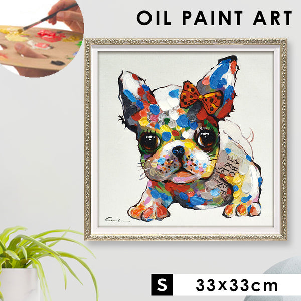 アート 絵画 壁掛け 油絵 33X33cm オイルペイント ベビードッグ.|m2