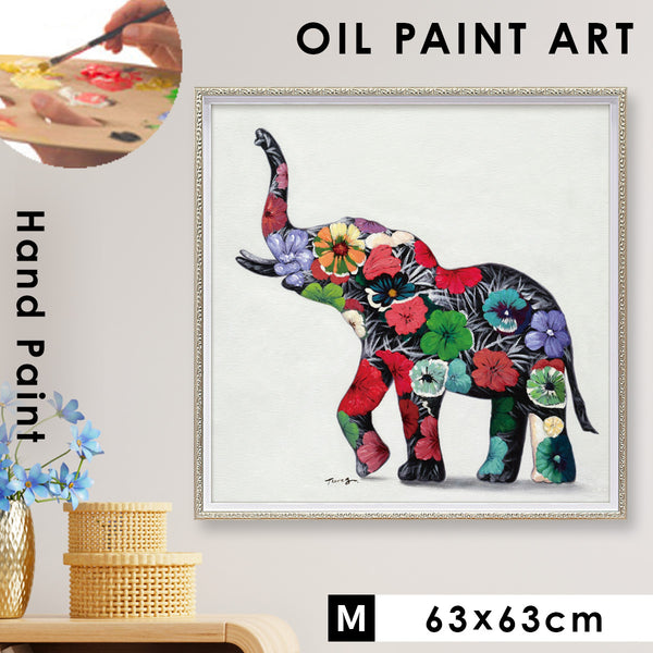 アート 絵画 壁掛け 油絵 63X63cm オイルペイント フラワーエレファント.|m2