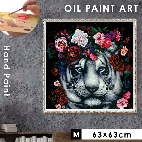 アート 絵画 壁掛け 油絵 63X63cm オイルペイント フラワータイガー.|m2